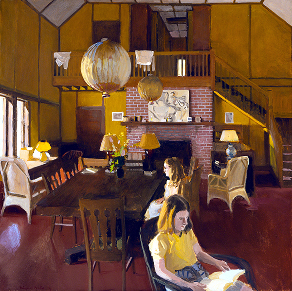 Painting by Fairfield Porter titled Interior with Sunlight (1965). Two girls sitting in an interior with a high ceiling, yellow walls, dining table, fireplace, and round lights suspended from the ceiling.