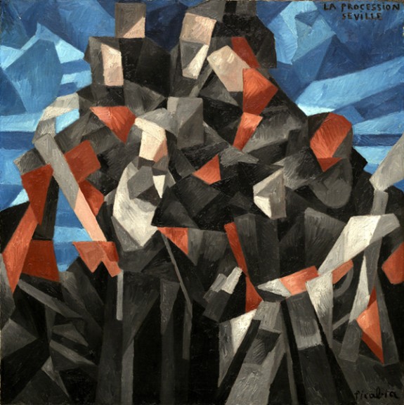 Oil painting by Francis Picabia titled The Procession, Seville (1912). Abstract, faceted image of figures in black, white, and orange on a blue background.