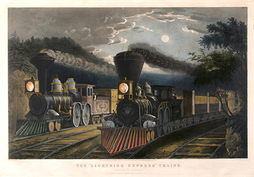  Frances Flora Palmer (artist) (1812–1876, Britain/US) for Currier and Ives (publisher) (firm 1834–1906, New York), The “Lightning Express Trains,” “Leaving the Junction,” 1863. 