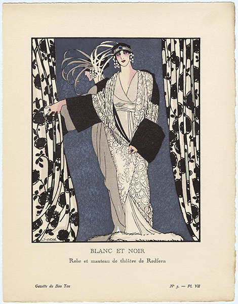 Francisco Xavier Gosé i Rovira (1876–1915, Spain), Black and White – Theater dress and coat by Redfern, plate 7 for the Gazette du Bon Ton, Volume I, no. 3, January, 1913. 