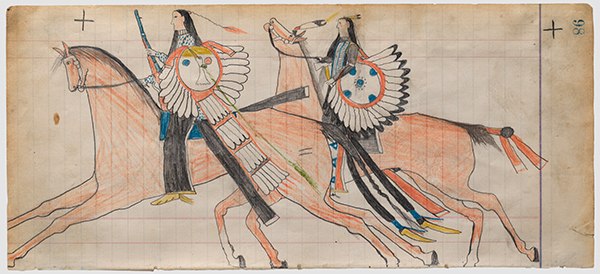 Ledger art attributed to Frank Henderson titled Off to War (ca. 1882). Drawing of two American Indian figures riding horses.