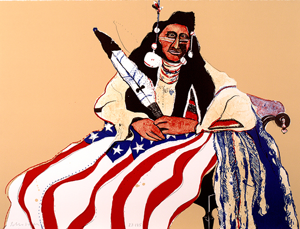 Color lithograph by Fritz Scholder titled Bicentennial Indian (1975). Native American man sits on a chair with a U.S. flag draped on his lap.
