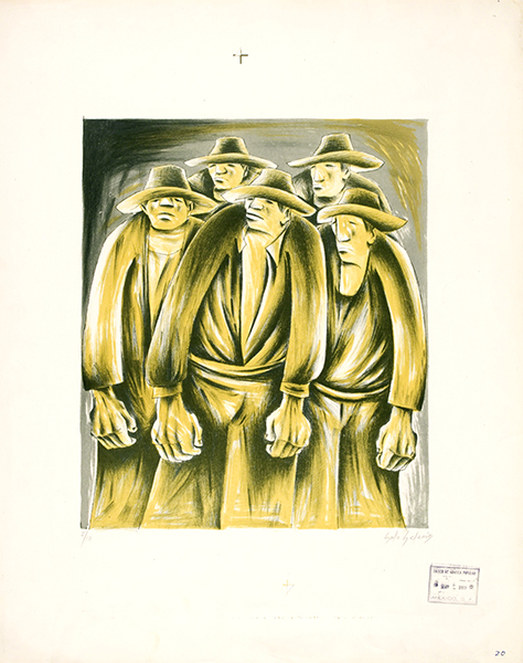Lithograph by Galo Galecio titled Workers (1946). Group of five men with oversized hands and wearing hats depicted in yellow and black.