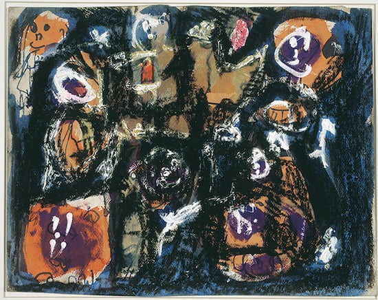 Untitled painting by Gandy Brodie (ca. 1953). Thick, gestural black lines surrounding bright colors with abstract figures.