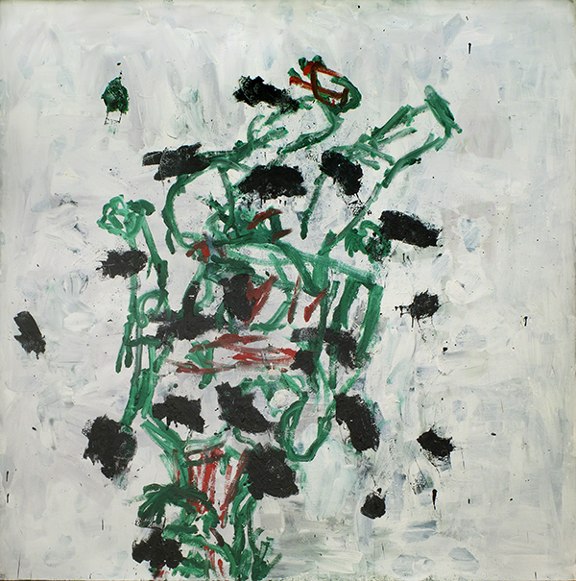 Painting by Georg Baselitz titled Vienna Ballet (1990). Upside-down green outline of a figure overlaid with black splotches.