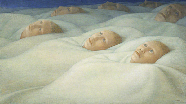 Tempera painting by George Tooker titled Sleepers II. Group of identical blonde/blue-eyed faces staring upwards, lying down and surrounded by white sheets.