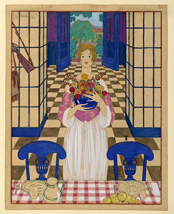 Watercolor painting by Georges Lepape titled Summer Dining Room (ca. 1919). Woman wearing pink and white holding a vase of flowers and standing behind a table and chairs in a room with a checkered floor.