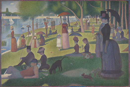 Painting by Georges Seurat titled A Sunday on La Grande Jatte – 1884 (1884–1886). Pointillist painting of people and animals sitting and strolling in a park.
