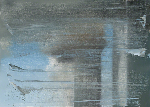 Oil painting by Gerhard Richter titled September (2005). Abstract view of the Twin Towers on September 11, 2001.