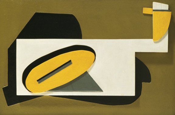 Relief construction by Gertrude Greene titled Construction (1935). Layered yellow, gray, black, and white shapes.
