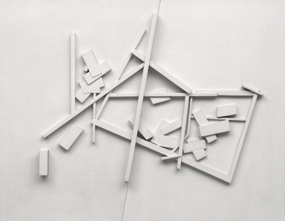 Relief construction by Gertrude Greene titled White Anxiety (1943). White shapes on a white background.