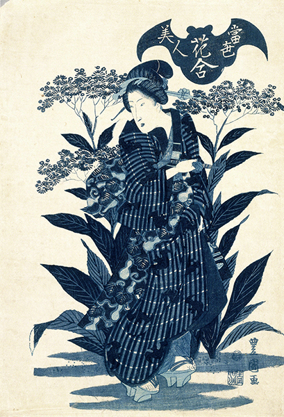 Wood cut by Gosotei Toyokuni II titled Beauties of the Latest Fashion Compared to the Beauty of Flowers (1830–1835). Woman in a robe outlined by leaves and flowers in shades of blue with bat symbol displaying title of the work.