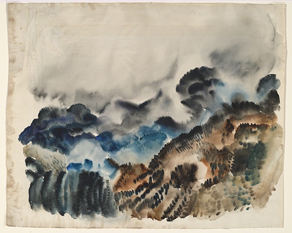Watercolor by Hale Woodruff titled Rocky Mountain Landscape I (ca. 1936). Abstracted landscape in blue, brown, green, and gray.