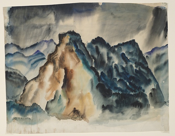 Watercolor by Hale Woodruff titled Rocky Mountain Landscape II (ca. 1936). Abstracted mountain landscape in blue, brown, and gray.