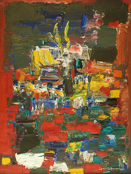Oil painting by Hans Hofmann titled Autumn Blaze (1957). Abstract painting with expressive brush work in shades of red, brown, yellow, green, white and blue.