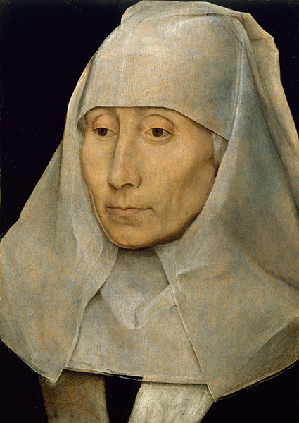 Portrait of a woman's face by Hans Memling. Close-up portrait of an older woman wearing a white wimple.