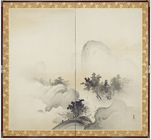 Two-fold screen by Hashimoto Gahō titled Landscape (ca. 1903). Monochromatic ink painting with atmospheric mountains and trees.