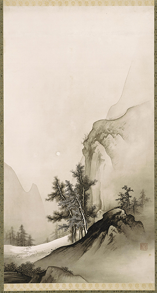 Hanging scroll by Hashimoto Gahō titled Landscape with an Autumn Moon (1880s–1890s). Monochromatic ink painting with mountains, trees, and the moon.