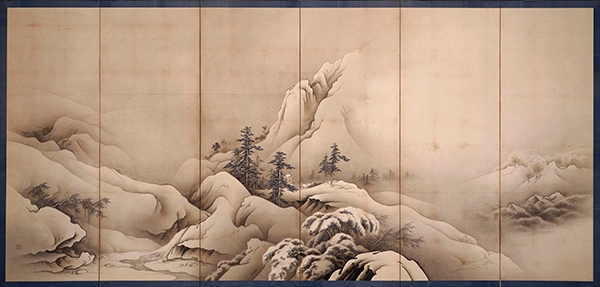 Ink and color painting by Hashimoto Gahō titled Snowy Landscape (mid-1880s). Atmospheric mountains with snow and pine trees mounted as a six-fold screen.