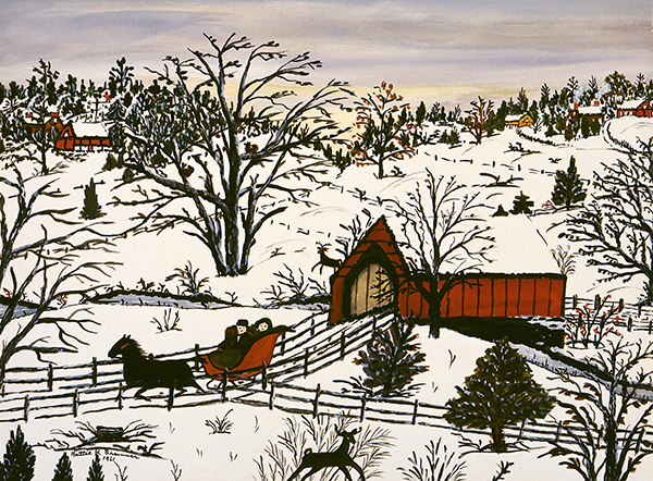 Watercolor painting by Hattie Brunner (1961). Snowy scene of a horse-drawn sleigh and a red covered bridge.