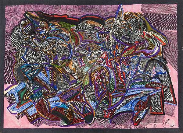 Untitled watercolor and ink artwork by Hector Alonzo Benavides (1992). Layers of blue, red, yellow, green, and purple linework on pink background.