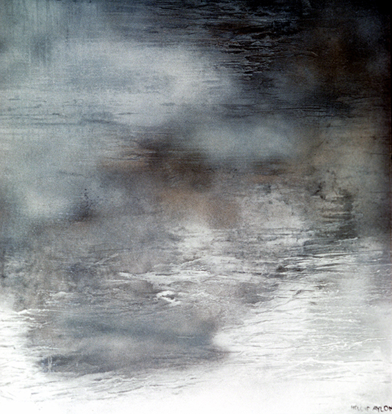 Acrylic work by Helène Aylon titled Dubrovnik (1969). Abstract artwork in blue, white, brown, and black.