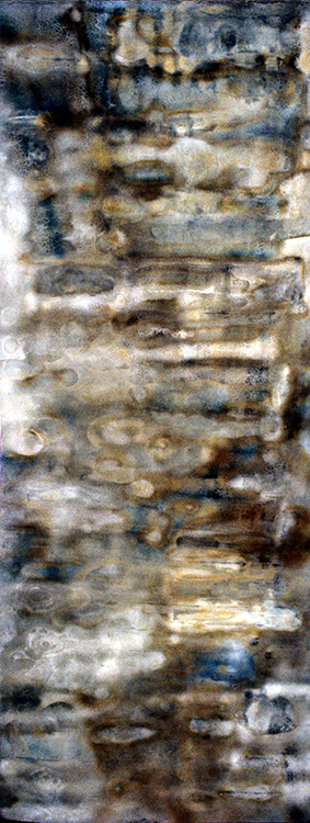 Acrylic work by Helène Aylon titled Lune (1970). Long, vertical abstract artwork in browns, blues, and whites on a metallic surface.