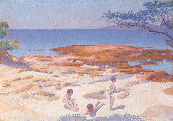 Oil painting by Henri-Edmond Cross titled Beach at Cabasson (Baigne-Cul) (1891–1892). Three boys sitting, lying down, and standing on a beach.