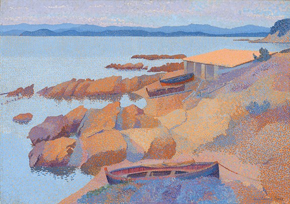 Oil painting by Henri-Edmond Cross titled Coast Near Antibes (Calanque des Antibois) (1891/1892). Coastline with small boats and a building on the shore and hills in the distance.