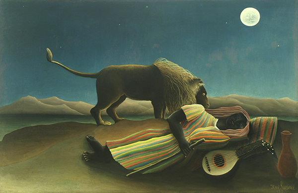Painting by Henri Rousseau titled The Sleeping Gypsy (1897). On a moonlit night in the desert, a lion pauses by a sleeping figure in a striped robe with a guitar and vase.