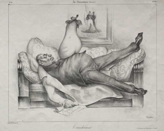 Lithograph by Honore Daumier titled Honoré Daumier, The Nightmare (Le Cauchemar) (1832). Figure reclining with a large pear on his abdomen.