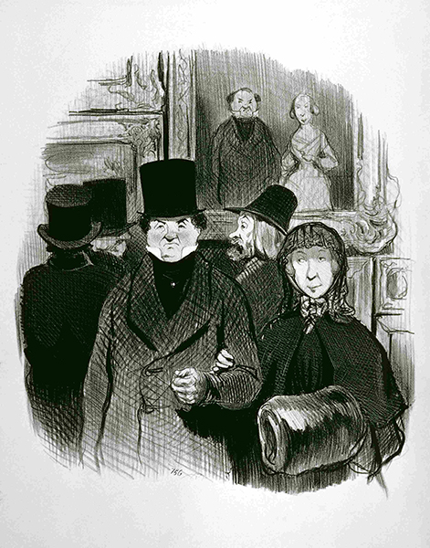 Lithograph by Honoré Daumier titled hen One’s Portrait Is at the Salon (1845). A man and woman stand in front of their portrait in a gallery.