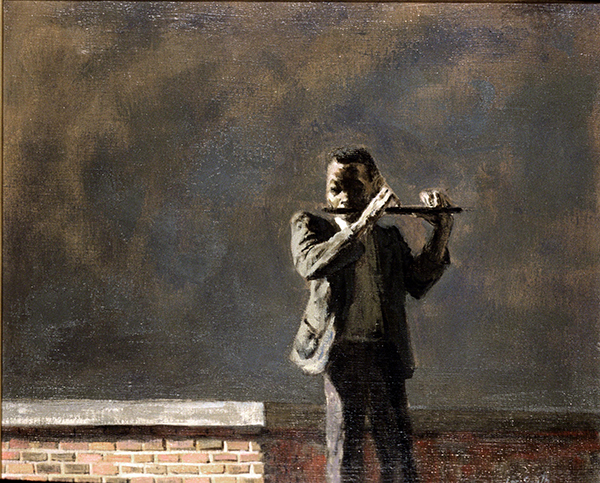 Oil painting by Hughie Lee-Smith titled Slum Song (1944). A young Black figure wearing a suit plays the flute in front of a low brick wall against a gray sky.