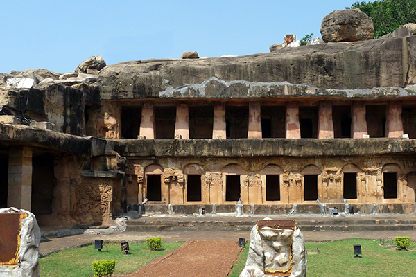 Rani Gumpha, Udayagiri Rock-Cut Temples, Bhuvaneshvara, India (ca. 193–170 BCE). Two-story caves carved into rock with doors on the ground level and column on the upper level.