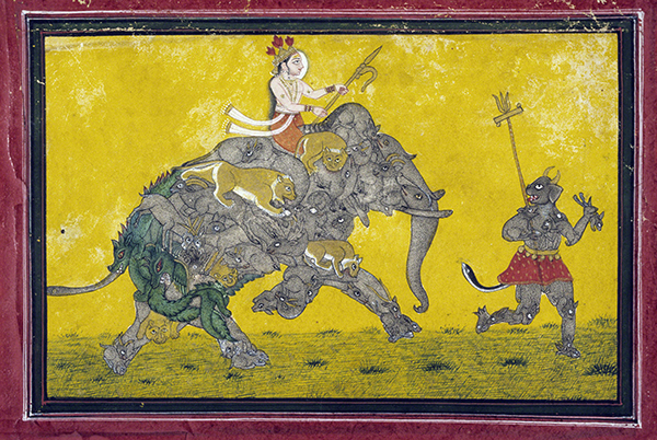 Watercolor painting from the Kota School, India, titled Composite Elephant Carrying a Divine Rider Preceded by a Composite Demon (ca. 1760). Crowned figure holding an elephant goad riding a composite elephant of many animals, preceded by a composite demon.