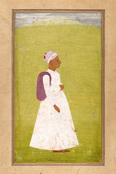 Mughal Empire watercolor profile portrait of an older man wearing a white robe and carrying a purple satchel over his right shoulder against a green background..