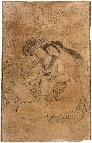 A couple sitting by a tree. The male figure sits in front wearing a head wrap and buttoned top. The female figure sits behind the male figure, fabric wrapped around her shoulders and her face resting against the man's neck.