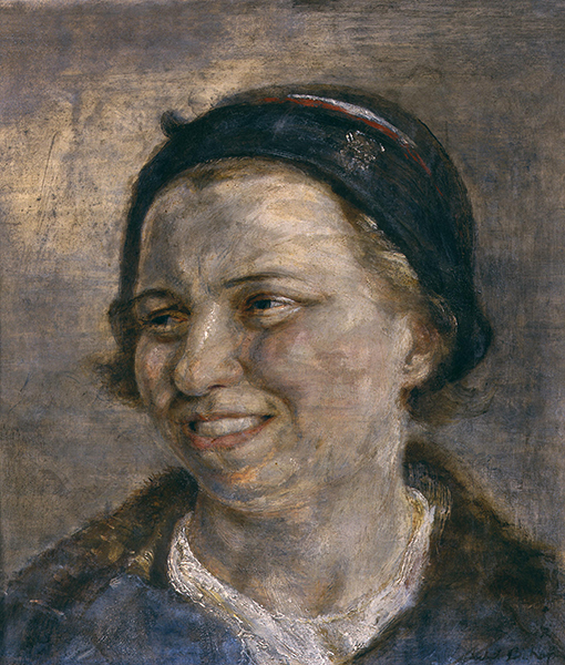 Mixed-media work by Isabel Bishop titled Laughing Face (1938). Face of a woman wearing a blue hat with smiling/laughing expression.