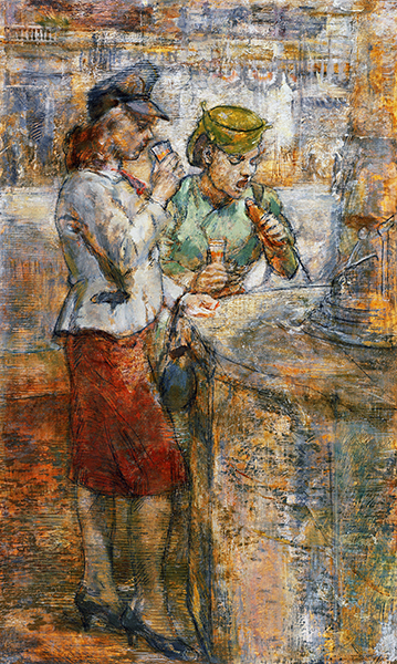 Painting by Isabel Bishop titled Lunch Counter (ca. 1940). Two women wearing works clothes stand at a counter drinking from glasses and eating a hotdog.