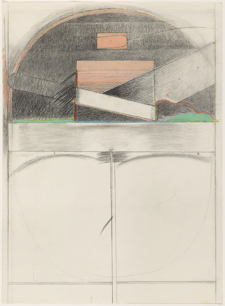 Charcoal and paint artwork by Miyoko Ito (ca. 1975). Composition with geometric forms (squares, rectangles, and semicircles) in black, peach, and green in the top third.