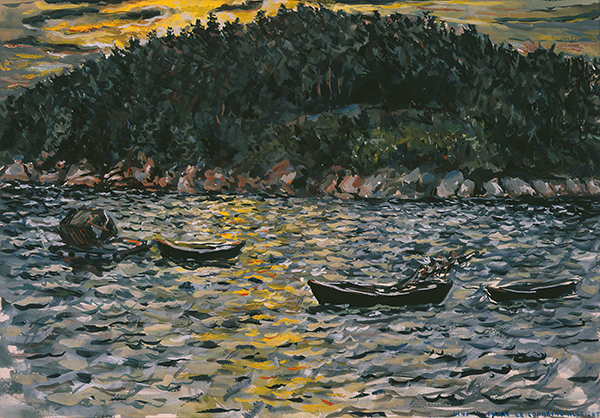 Watercolor by Ivan LeLorraine Albright titled The Harbor of Dreams (1941). Sunset seascape with small boats in the water and a tree-covered hill in the background.