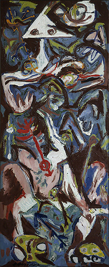 Painting by Jackson Pollock titled Water Figure (1945). Abstract black-and-white figure on a background of blue and green.