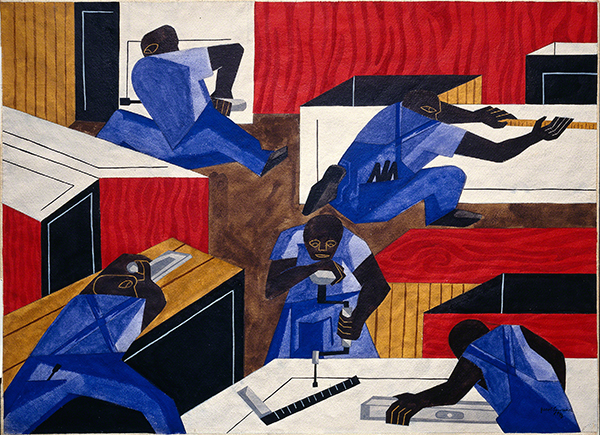 Painting by Jacob Lawrence titled Cabinet Makers (1946). Five figures wearing blue overalls constructing cabinets in white, red, and brown.