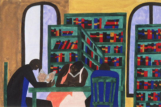 Painting by Jacob Lawrence entitled The Libraries are Appreciated (1943).