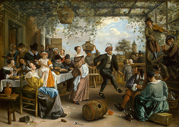 Painting by Jan Steen titled The Dancing Couple (1663). A man and woman dance with seated figures around them.
