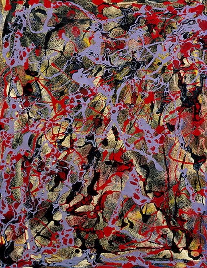 Untitled painting by Janet Sobel (ca. 1946). Red, purple, and black dripped paint on a gold and black background.