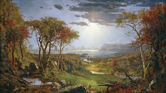 Painting by Jasper Cropsey titled Autumn on the Hudson River (1860). Landscape of a river valley with fall foliage.