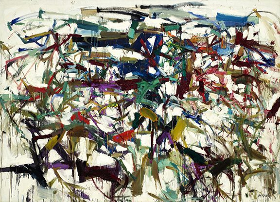 Oil painting by Joan Mitchell titled Ladybug (1957). A thick network of horizontal slashes of paint integrated with a cool, multi-layered white ground.