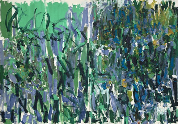 Oil painting by Joan Mitchell titled No Rain (1976). Luxuriant long strokes of green and blue contrast with short daubs of yellow and yellow green.