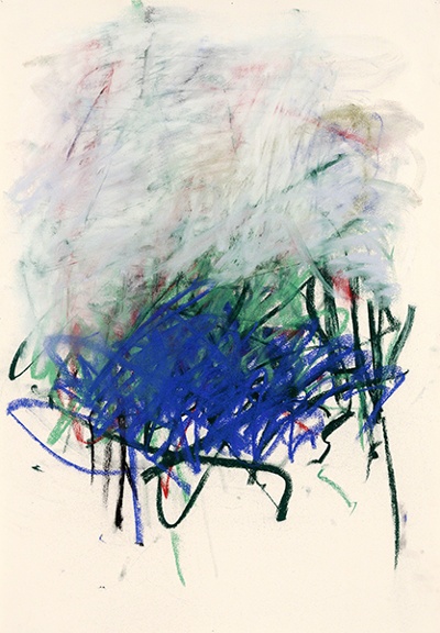 Pastel by Joan Mitchell, Untitled (1992). Area of white smudged over red, yellow, and green lines above an area of green and blue lines on a cream background.